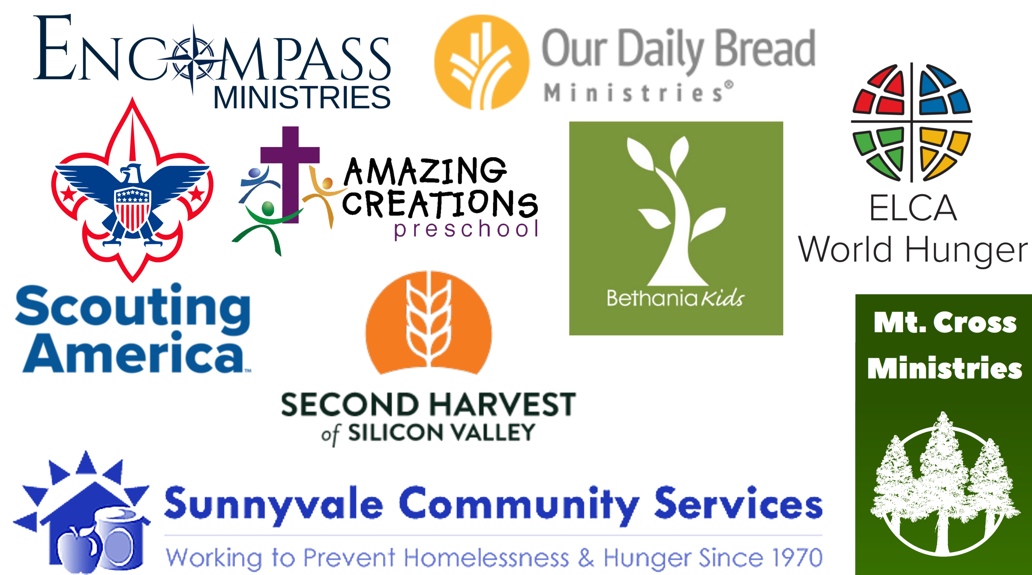 Encompass, Amazing Creations Preschool, Scouting America, girl scouts, Our Daily Bread, Bethania Kids, Second Harvest, ELCA World Hunger, Sunnyvale Community Services
